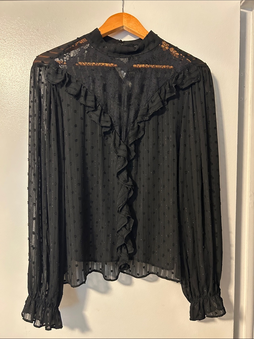Zara Women's Black Ruffle Sheer Long-Sleeve Blouse